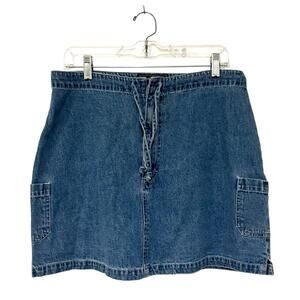 Route 66 Denim Mini Skirt Size 15/16 Blue Y2K Patch Pockets Drawstring Cotton